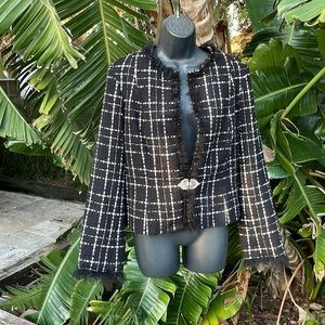 ABR tweed plaid jacket with fringe and jeweled closing